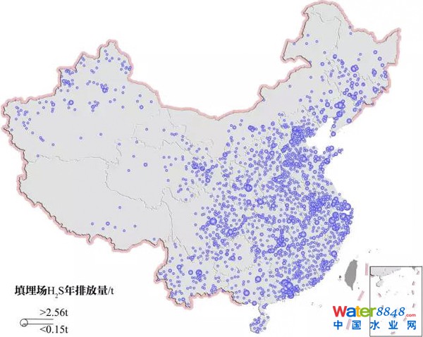 图4 中国垃圾填埋场2012年硫化氢排放量