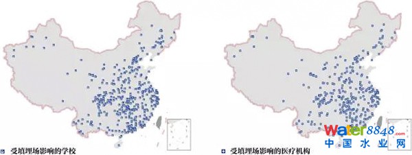 图13 中国垃圾填埋场恶臭影响的敏感单位空间分布