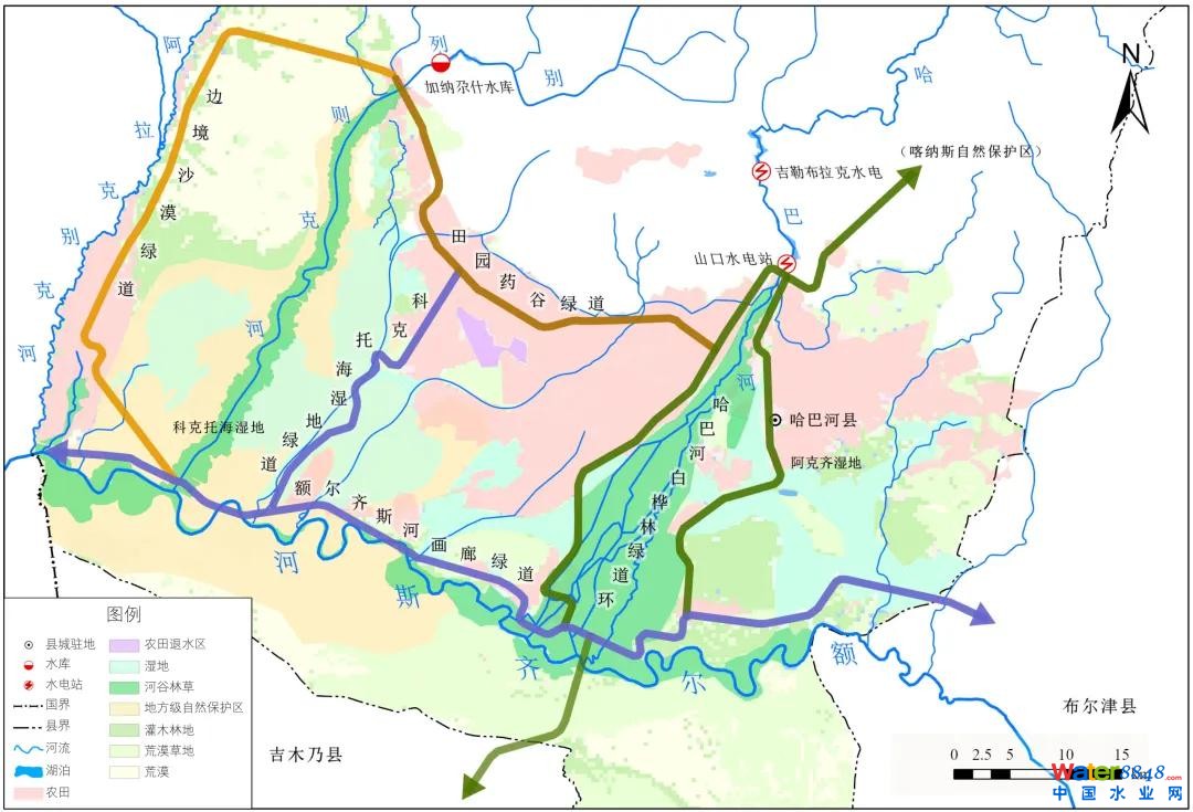 ▲哈巴河平原区生态绿道系统布局